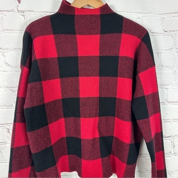 Tahari mock neck sweater Red Black Buffalo check Plaid Sweater cabin size large - Picture 3 of 6